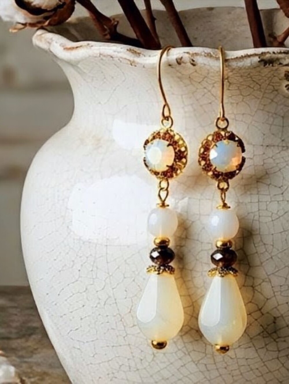 Yellow Swarovski Flower Crystal & Yellow Opaline Stone In Gold Plated Earrings